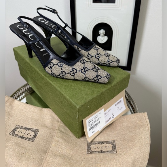 GUCCI SLING BACK PUMPS CRYSTAL MALAGA FABRIC AND LEATHER - Picture 1 of 8